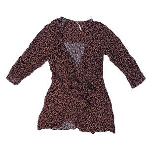 Free People Say The Word Bow Tie Front Blue & Red Boho Floral Blouse Top - XS